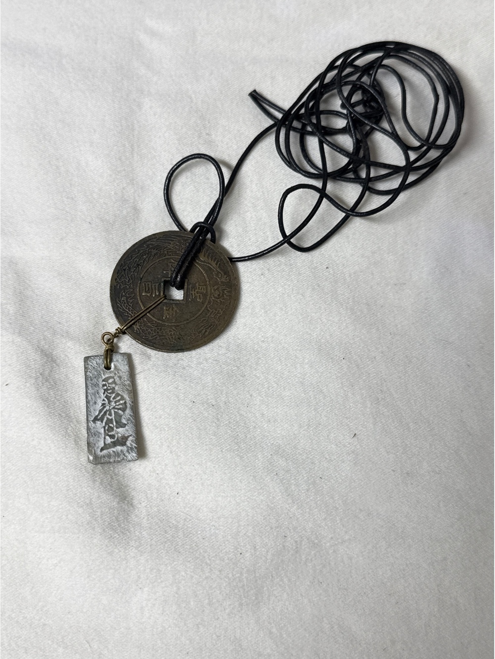 Vintage Chinese Feng Shui Coin Pendant Necklace with Carved Stone Charm